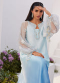 Farah Talib Aziz | Zaza Luxe Pret 24 | BOW OMBRE BLUE EMBELLISHED KAFTAN CUT SHIRT - House Of Hania