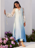 Farah Talib Aziz | Zaza Luxe Pret 24 | BOW OMBRE BLUE EMBELLISHED KAFTAN CUT SHIRT - House Of Hania