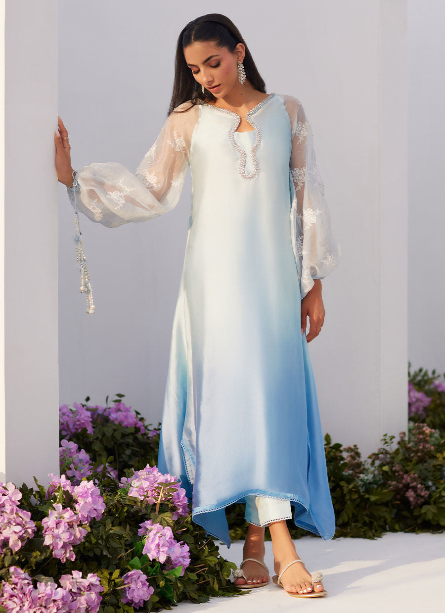 Farah Talib Aziz | Zaza Luxe Pret 24 | BOW OMBRE BLUE EMBELLISHED KAFTAN CUT SHIRT - House Of Hania