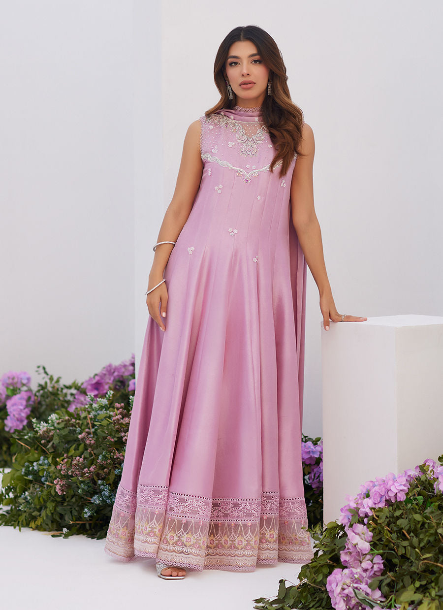 Farah Talib Aziz | Zaza Luxe Pret 24 | CECE MAUVE EMBELLISHED RAW SILK KALIDAR WITH CHARMUESE DUPATTA - House Of Hania