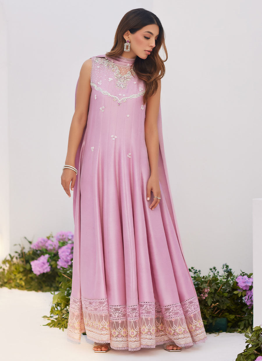 Farah Talib Aziz | Zaza Luxe Pret 24 | CECE MAUVE EMBELLISHED RAW SILK KALIDAR WITH CHARMUESE DUPATTA - House Of Hania