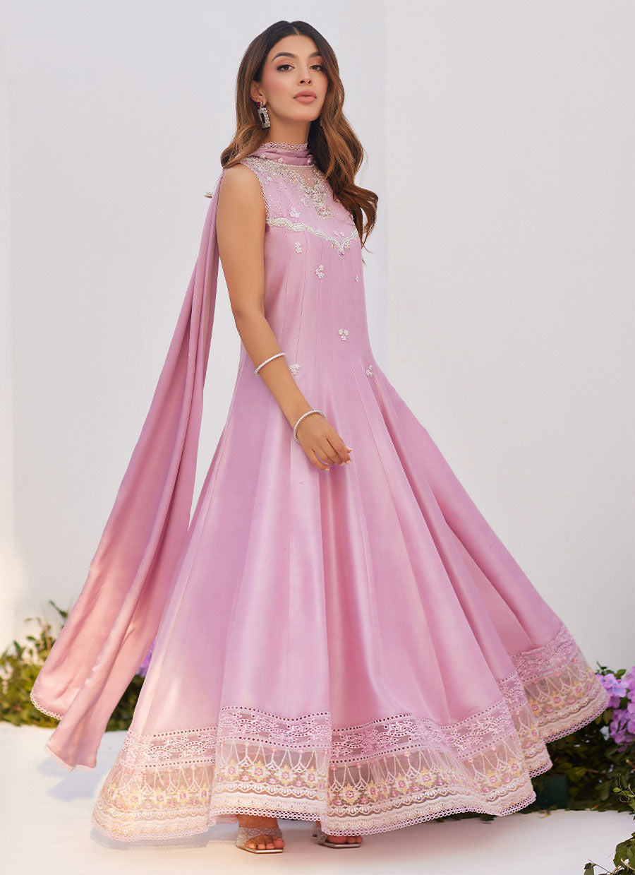 Farah Talib Aziz | Zaza Luxe Pret 24 | CECE MAUVE EMBELLISHED RAW SILK KALIDAR WITH CHARMUESE DUPATTA - House Of Hania