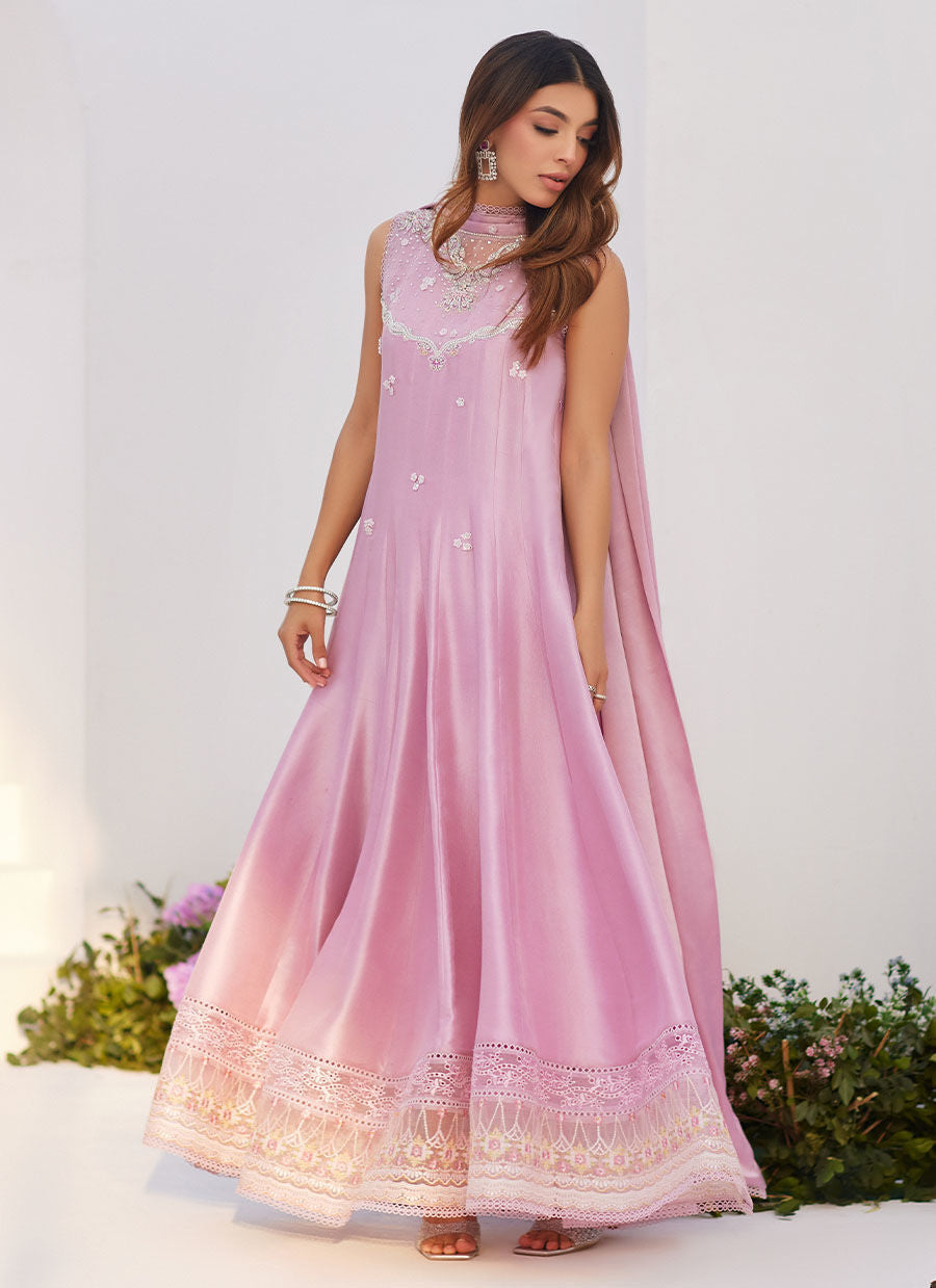 Farah Talib Aziz | Zaza Luxe Pret 24 | CECE MAUVE EMBELLISHED RAW SILK KALIDAR WITH CHARMUESE DUPATTA - House Of Hania