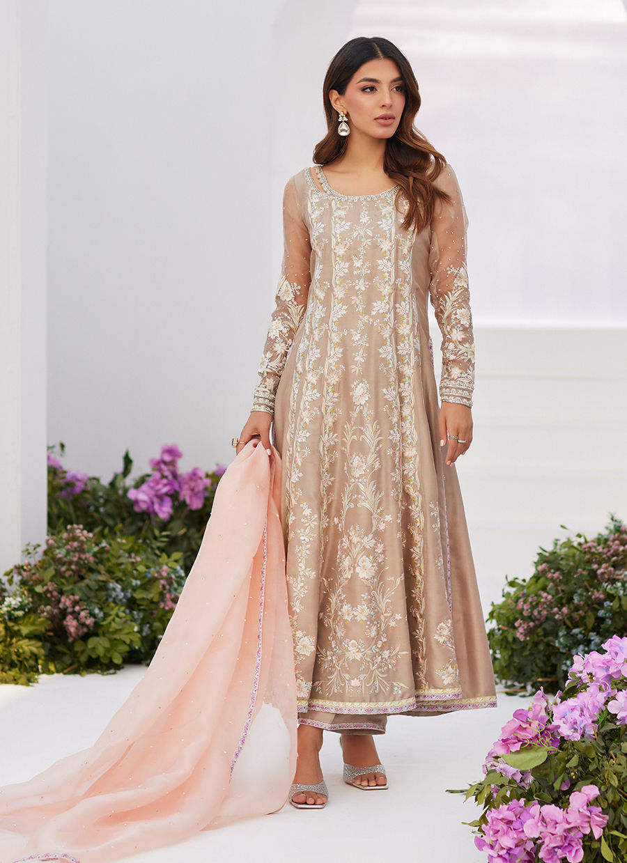 Farah Talib Aziz | Zaza Luxe Pret 24 | CHARLENE SAND EMBROIDERED KALIDAAR WITH DUPATTA - House Of Hania