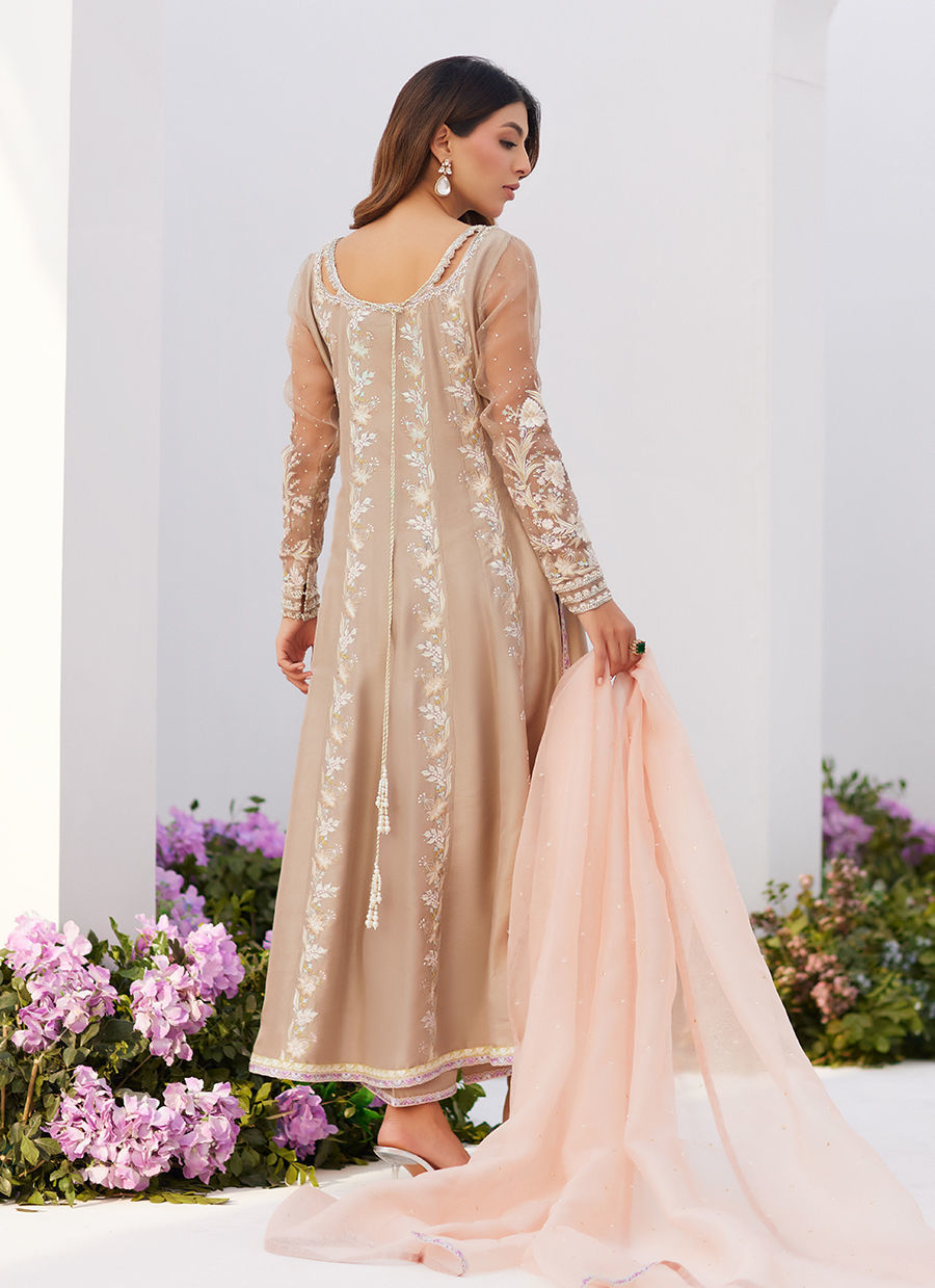 Farah Talib Aziz | Zaza Luxe Pret 24 | CHARLENE SAND EMBROIDERED KALIDAAR WITH DUPATTA - House Of Hania