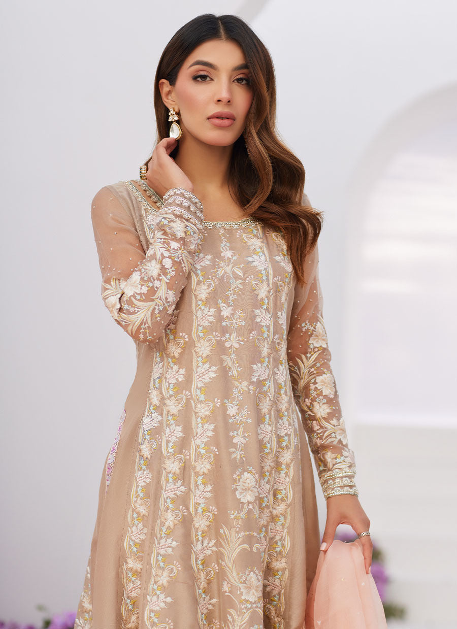 Farah Talib Aziz | Zaza Luxe Pret 24 | CHARLENE SAND EMBROIDERED KALIDAAR WITH DUPATTA - House Of Hania