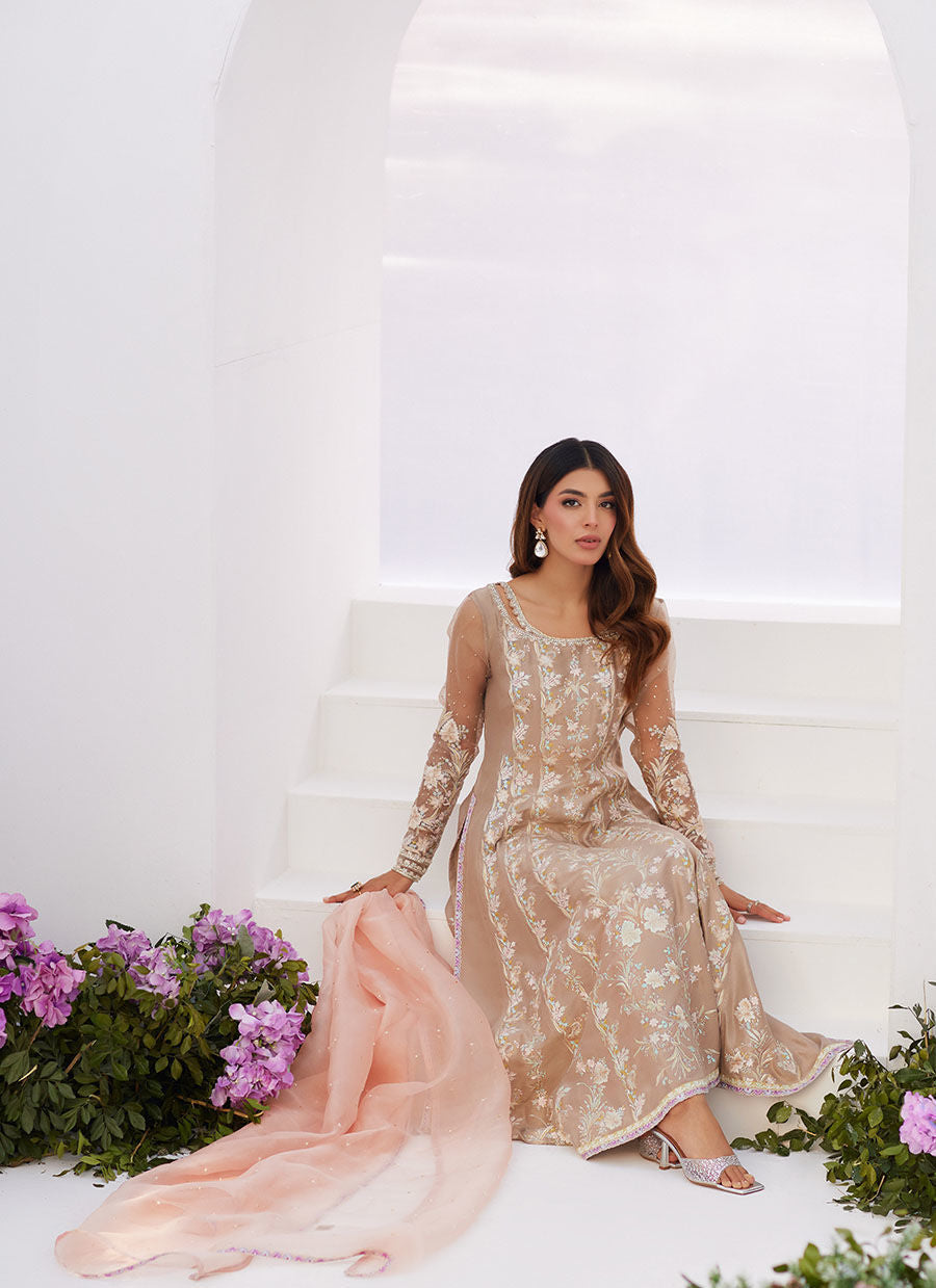 Farah Talib Aziz | Zaza Luxe Pret 24 | CHARLENE SAND EMBROIDERED KALIDAAR WITH DUPATTA - House Of Hania