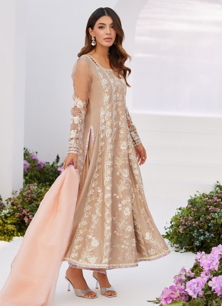 Farah Talib Aziz | Zaza Luxe Pret 24 | CHARLENE SAND EMBROIDERED KALIDAAR WITH DUPATTA - House Of Hania