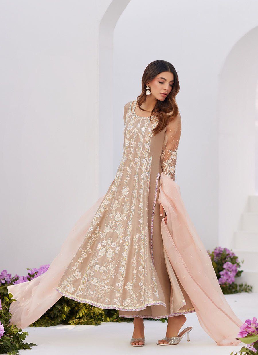 Farah Talib Aziz | Zaza Luxe Pret 24 | CHARLENE SAND EMBROIDERED KALIDAAR WITH DUPATTA - House Of Hania