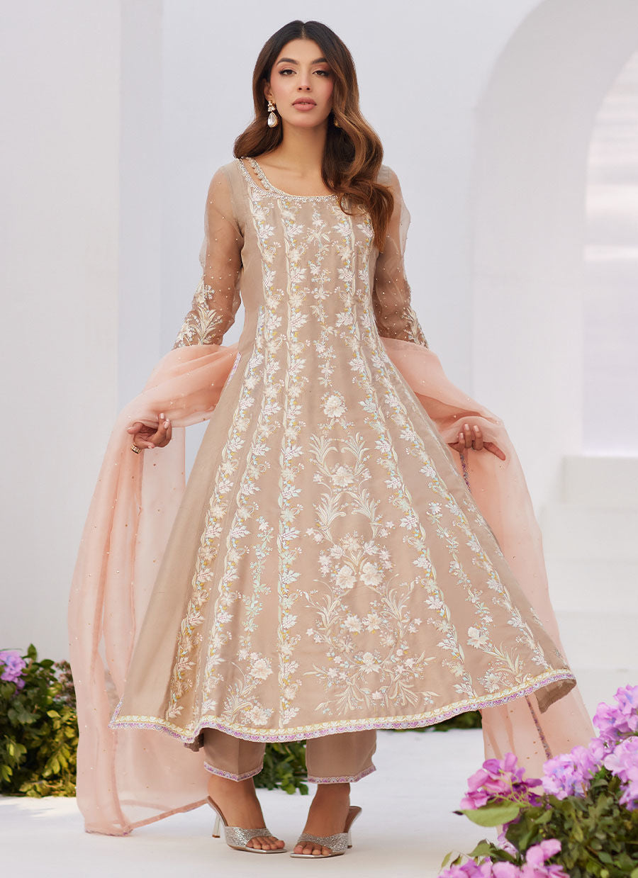 Farah Talib Aziz | Zaza Luxe Pret 24 | CHARLENE SAND EMBROIDERED KALIDAAR WITH DUPATTA - House Of Hania