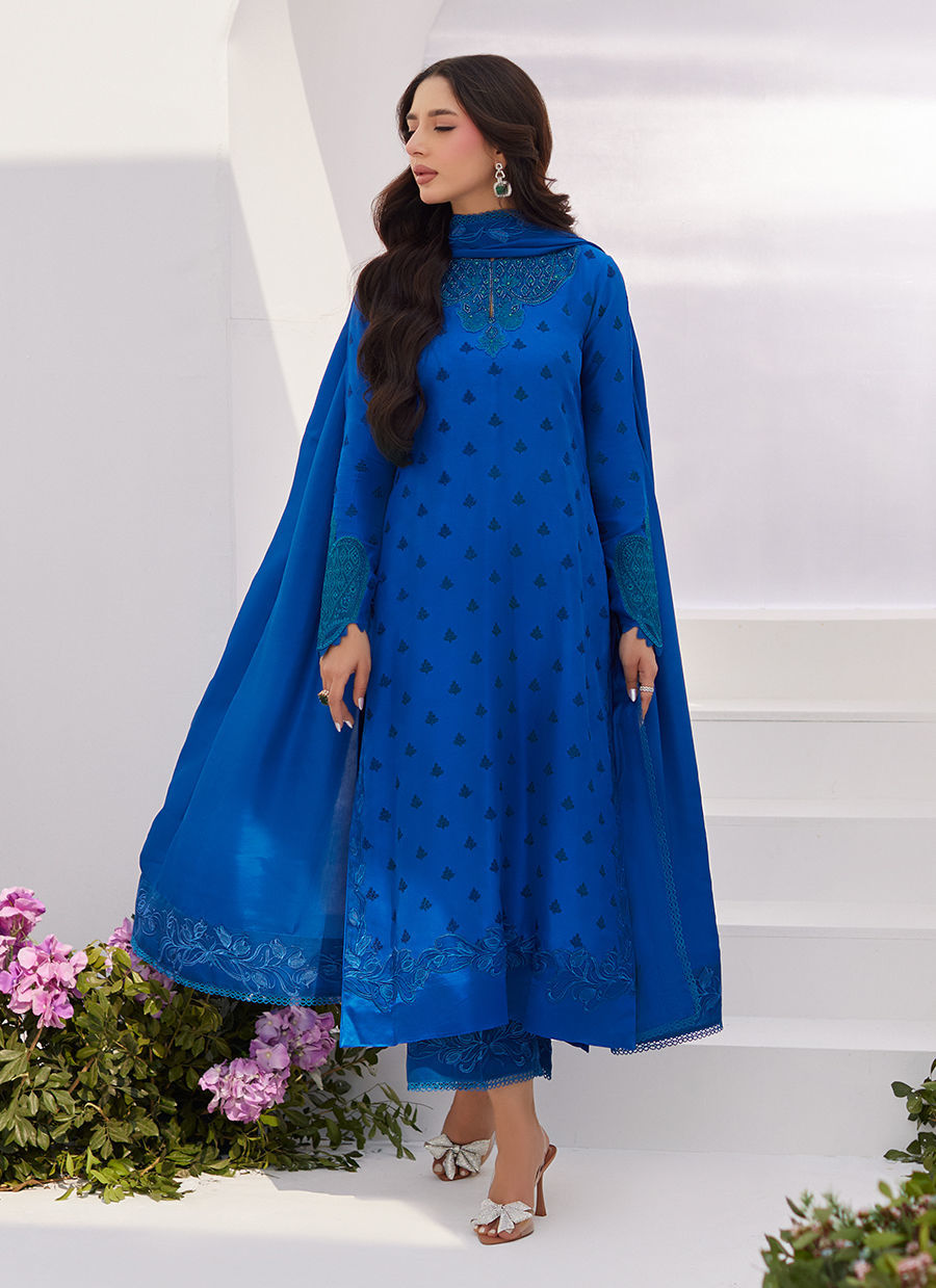 Farah Talib Aziz | Zaza Luxe Pret 24 | CHARR BLUE EMBROIDERED RAW SILK SHIRT AND DUPATTA - House Of Hania