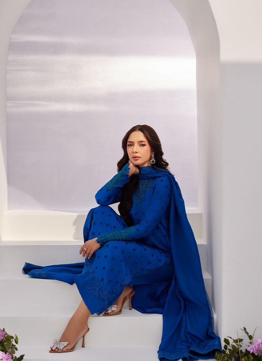Farah Talib Aziz | Zaza Luxe Pret 24 | CHARR BLUE EMBROIDERED RAW SILK SHIRT AND DUPATTA - House Of Hania
