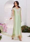 Farah Talib Aziz | Zaza Luxe Pret 24 | COLLETTE MINT OMBRE EMBELLISHED COLUMN SHIRT WITH KALIDAAR WITH EMBROIDERED SLIP - House Of Hania