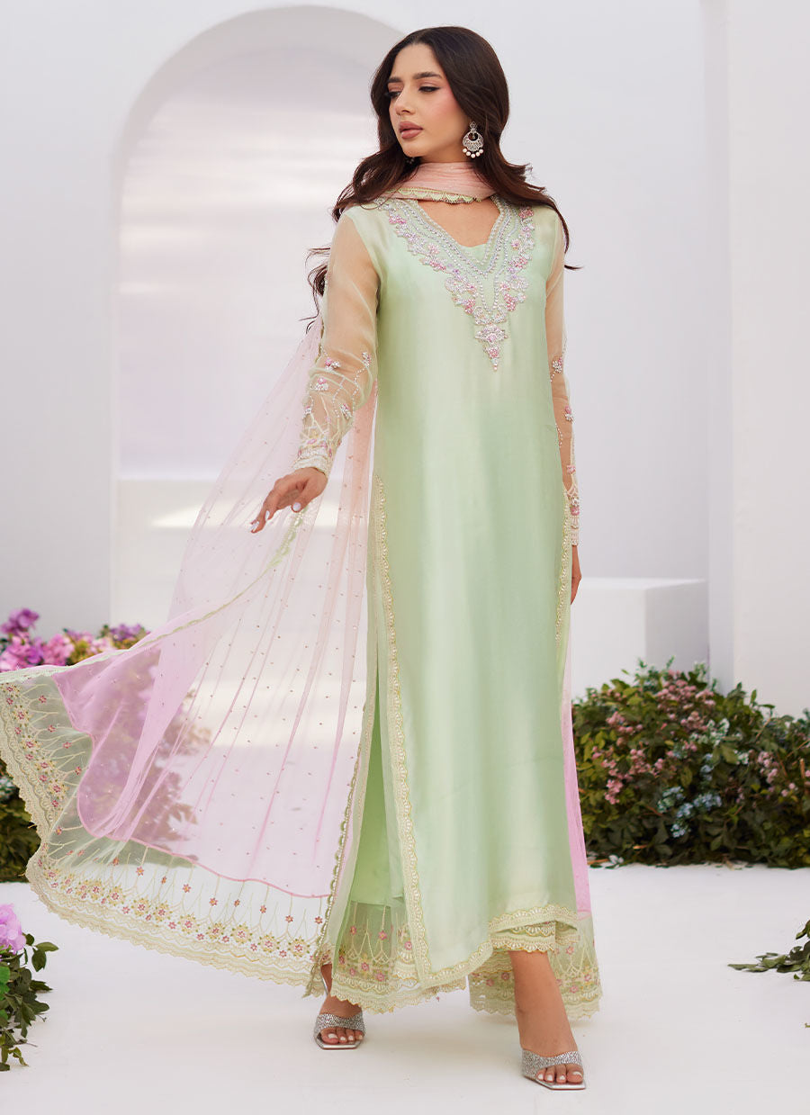 Farah Talib Aziz | Zaza Luxe Pret 24 | COLLETTE MINT OMBRE EMBELLISHED COLUMN SHIRT WITH KALIDAAR WITH EMBROIDERED SLIP - House Of Hania