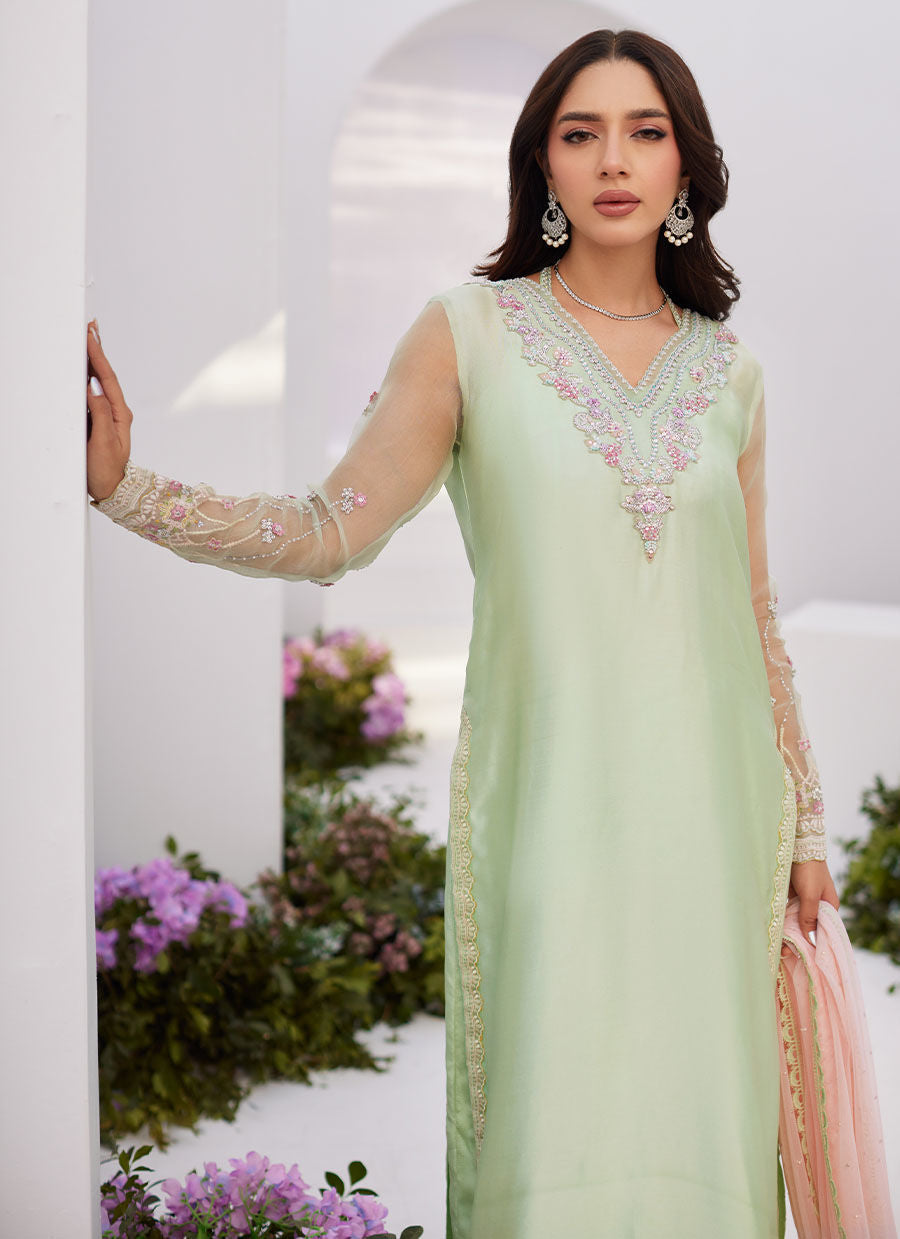 Farah Talib Aziz | Zaza Luxe Pret 24 | COLLETTE MINT OMBRE EMBELLISHED COLUMN SHIRT WITH KALIDAAR WITH EMBROIDERED SLIP - House Of Hania