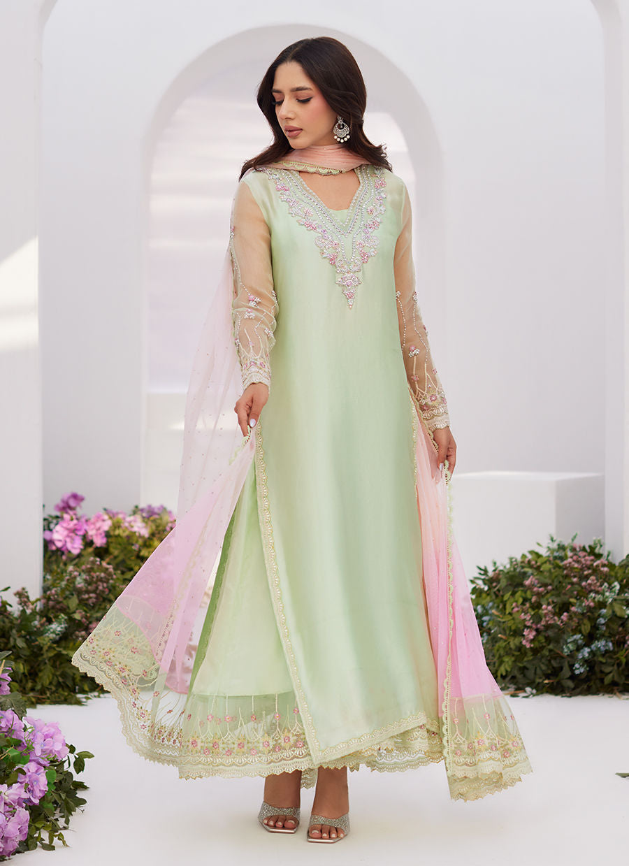 Farah Talib Aziz | Zaza Luxe Pret 24 | COLLETTE MINT OMBRE EMBELLISHED COLUMN SHIRT WITH KALIDAAR WITH EMBROIDERED SLIP - House Of Hania