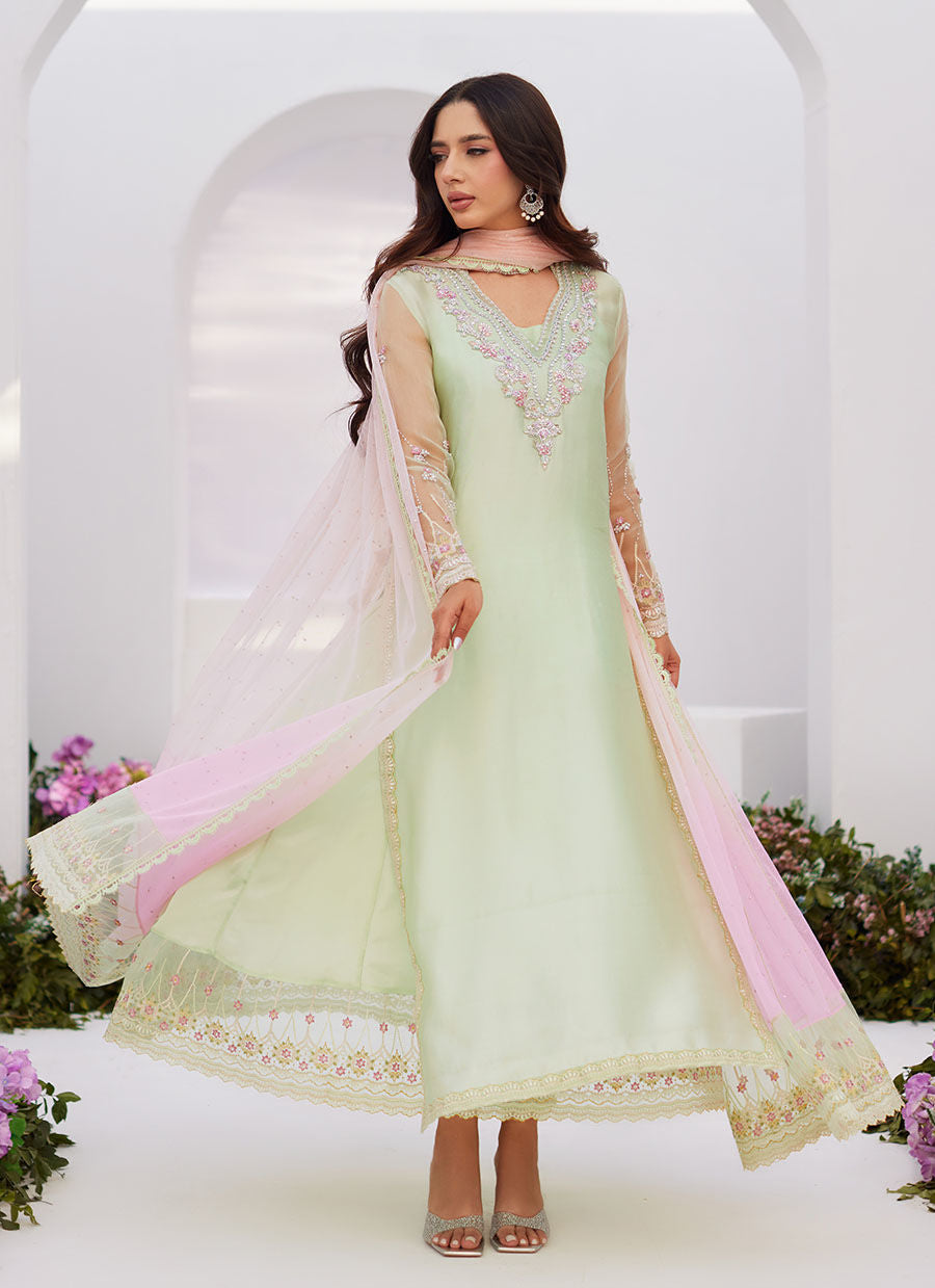 Farah Talib Aziz | Zaza Luxe Pret 24 | COLLETTE MINT OMBRE EMBELLISHED COLUMN SHIRT WITH KALIDAAR WITH EMBROIDERED SLIP - House Of Hania