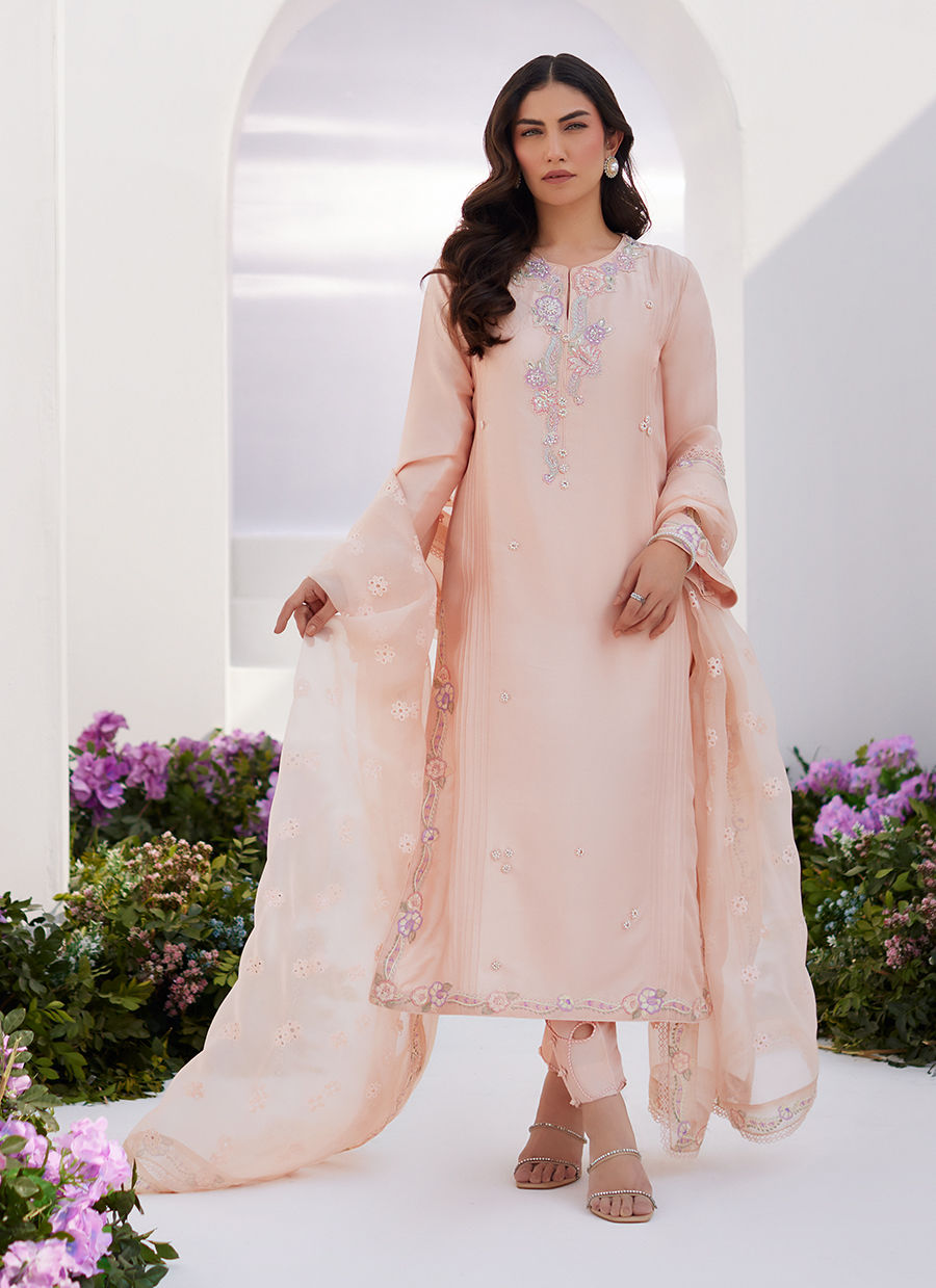 Farah Talib Aziz | Zaza Luxe Pret 24 | ELEA PEACH EMBROIDERED RAW SILK SHIRT AND DUPATTA - House Of Hania