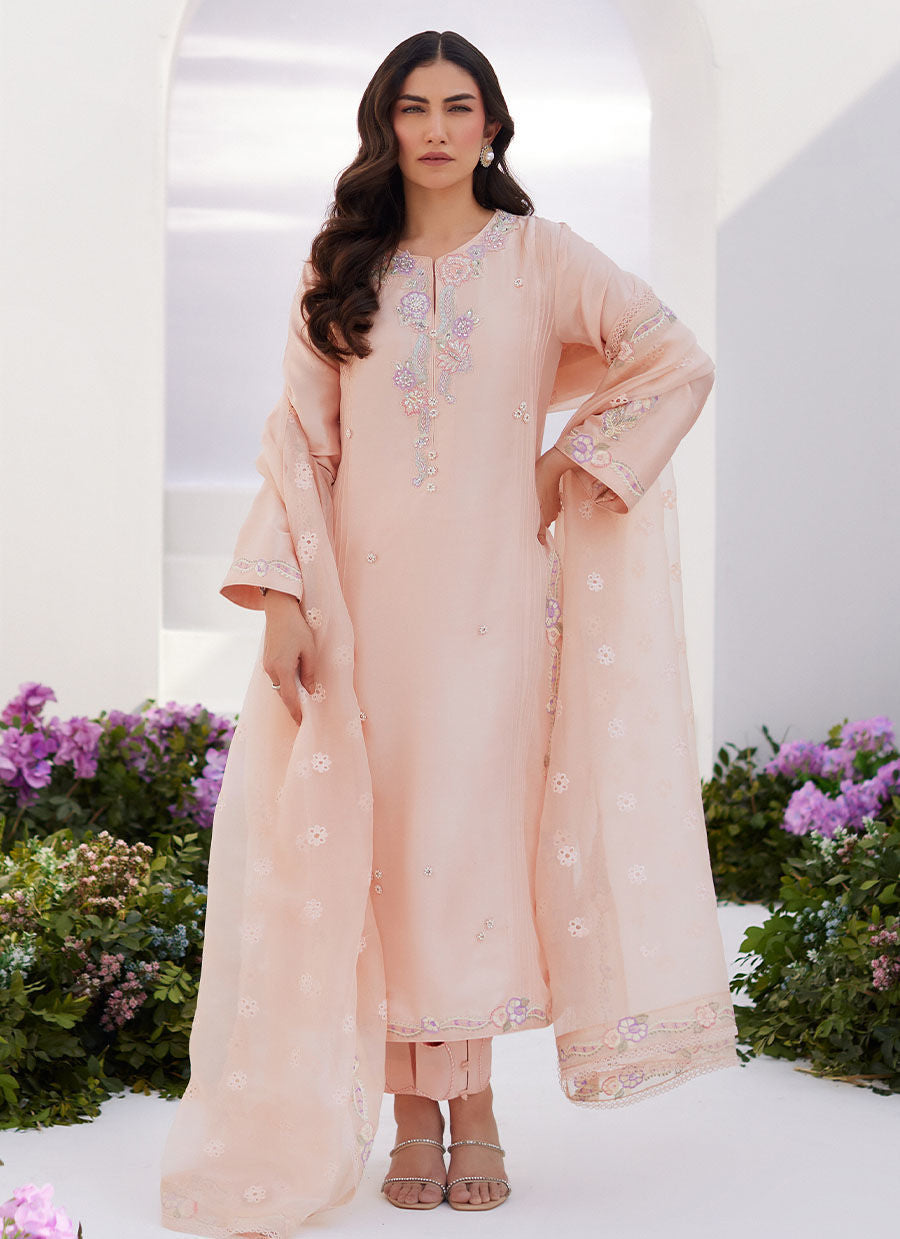 Farah Talib Aziz | Zaza Luxe Pret 24 | ELEA PEACH EMBROIDERED RAW SILK SHIRT AND DUPATTA - House Of Hania