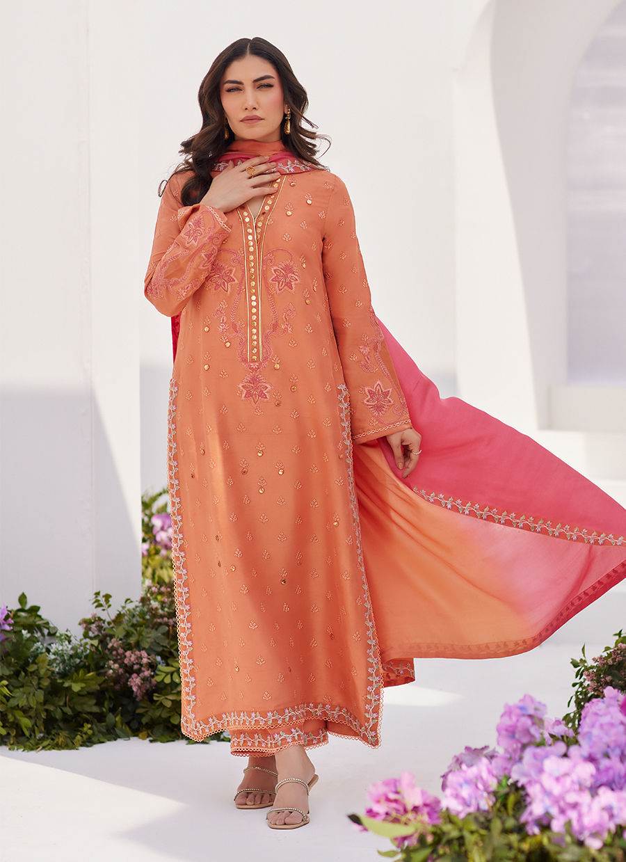 Farah Talib Aziz | Zaza Luxe Pret 24 | ELYNA CORAL EMBROIDERED RAW SILK SHIRT AND DUPATTA - House Of Hania