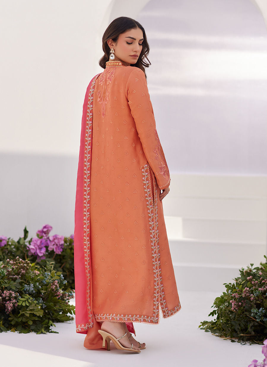 Farah Talib Aziz | Zaza Luxe Pret 24 | ELYNA CORAL EMBROIDERED RAW SILK SHIRT AND DUPATTA - House Of Hania
