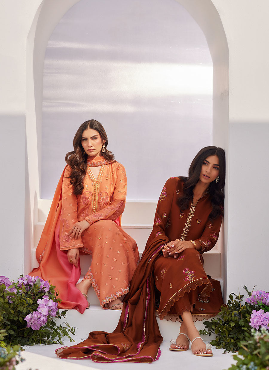 Farah Talib Aziz | Zaza Luxe Pret 24 | ELYNA CORAL EMBROIDERED RAW SILK SHIRT AND DUPATTA - House Of Hania