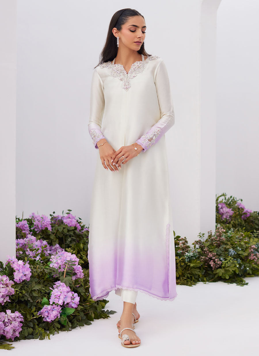 Farah Talib Aziz | Zaza Luxe Pret 24 | LIQUE SILVER OMBRE EMBELLISHED KAFTAAN CUT SHIRT - House Of Hania