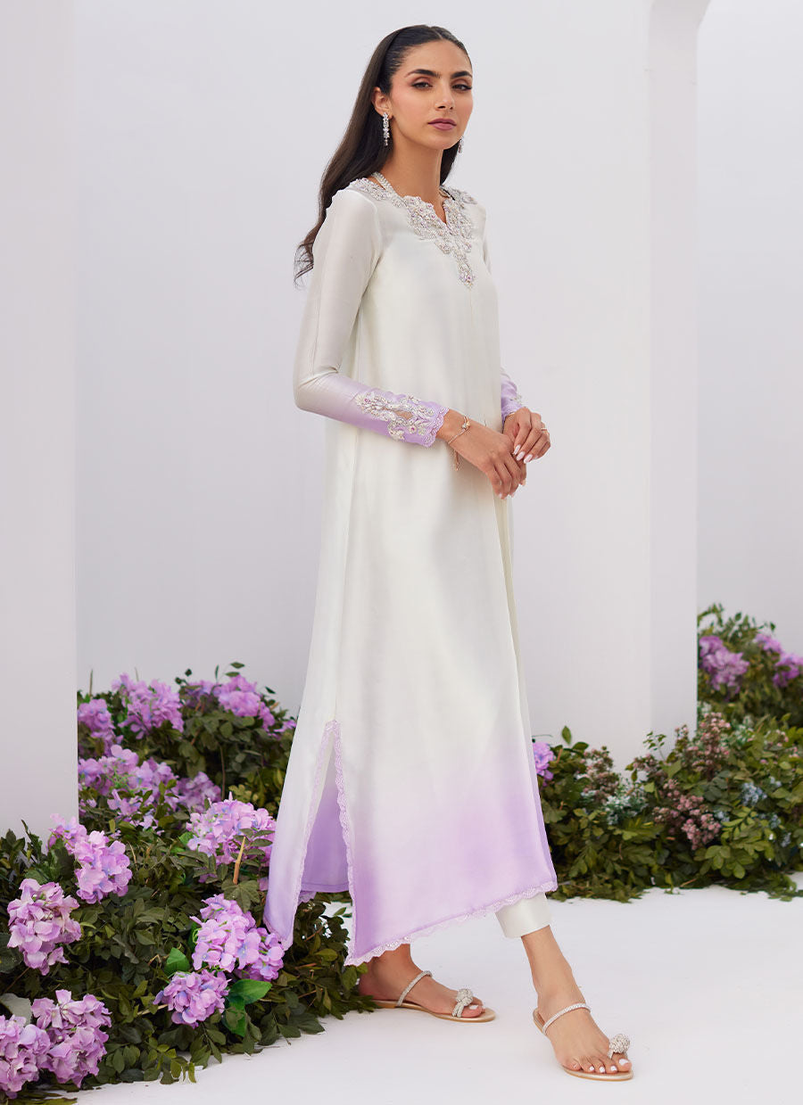Farah Talib Aziz | Zaza Luxe Pret 24 | LIQUE SILVER OMBRE EMBELLISHED KAFTAAN CUT SHIRT - House Of Hania