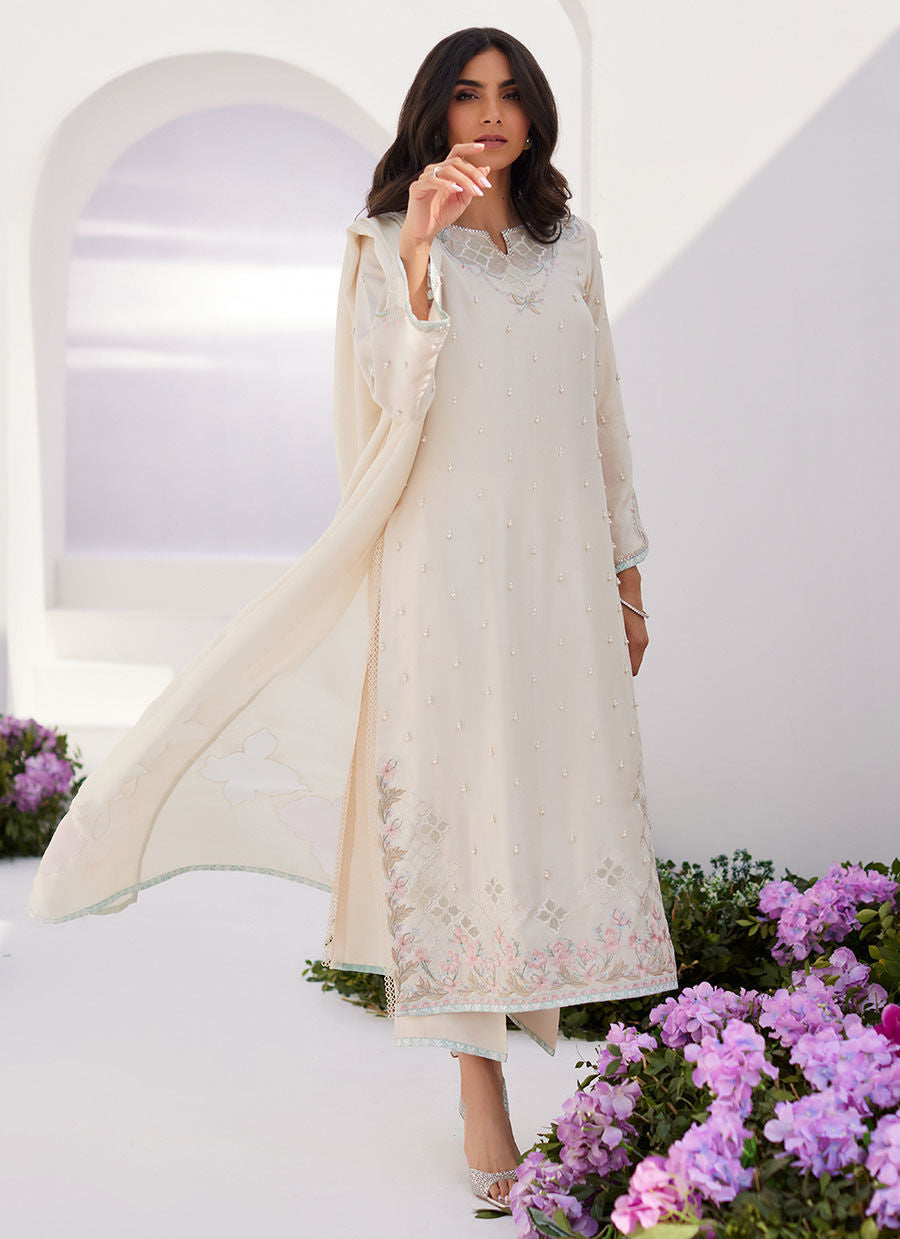Farah Talib Aziz | Zaza Luxe Pret 24 | LYA IVORY EMBELLISHED RAW SILK SHIRT AND DUPATTA - House Of Hania