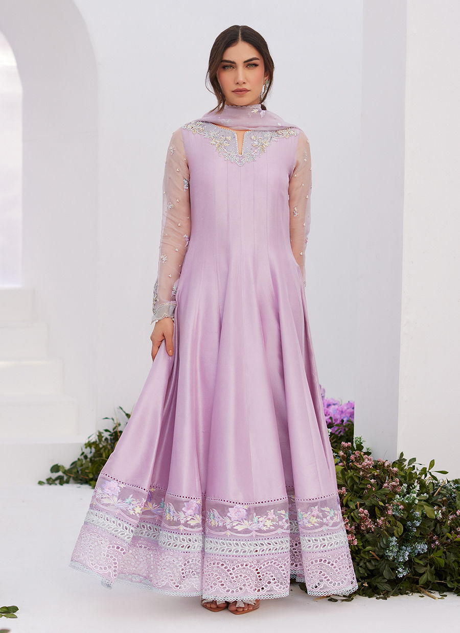 Farah Talib Aziz | Zaza Luxe Pret 24 | MANON LILAC EMBELLISHED RAW SILK KALIDAAR - House Of Hania