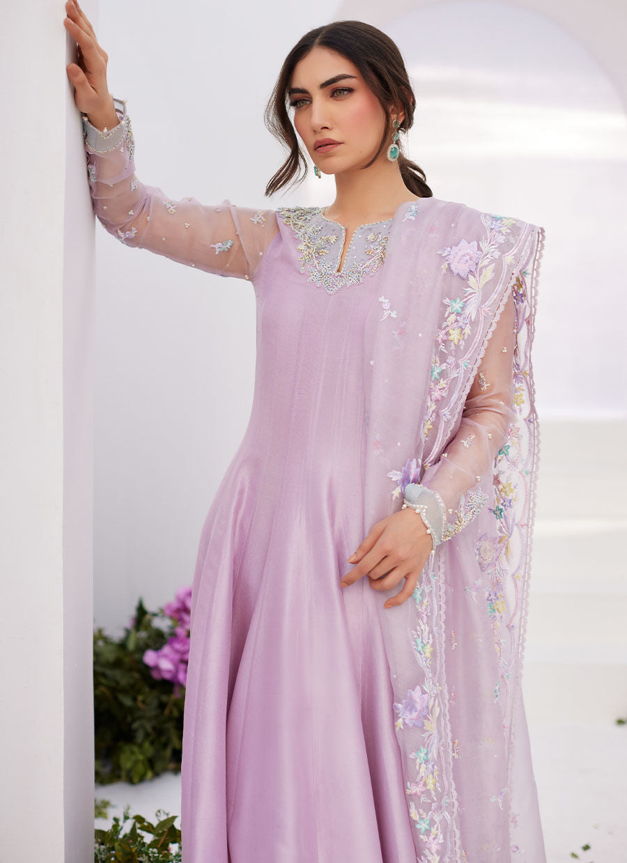 Farah Talib Aziz | Zaza Luxe Pret 24 | MANON LILAC EMBELLISHED RAW SILK KALIDAAR - House Of Hania