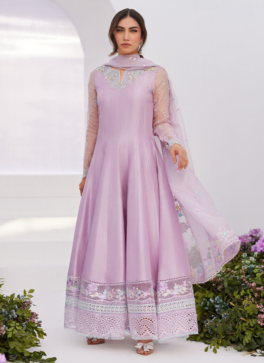 Farah Talib Aziz | Zaza Luxe Pret 24 | MANON LILAC EMBELLISHED RAW SILK KALIDAAR - House Of Hania