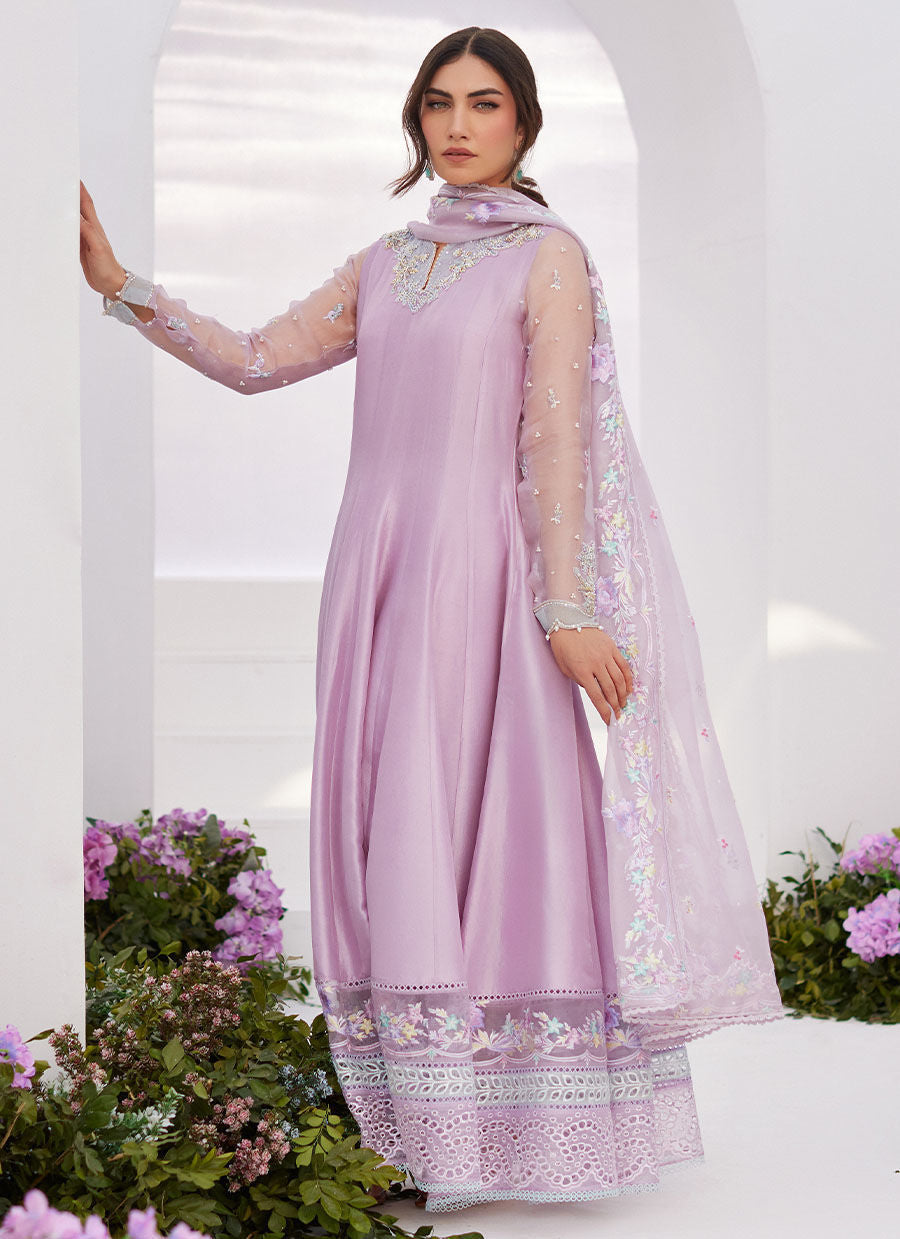 Farah Talib Aziz | Zaza Luxe Pret 24 | MANON LILAC EMBELLISHED RAW SILK KALIDAAR - House Of Hania
