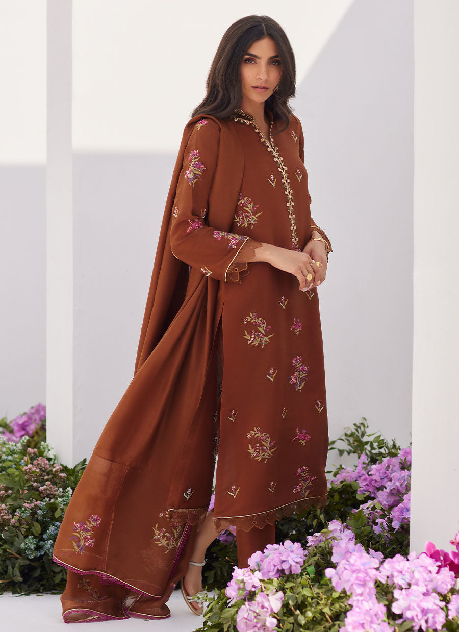 Farah Talib Aziz | Zaza Luxe Pret 24 | NOEMIE CHOCOLATE EMBROIDERED RAW SILK SHIRT AND DUPATTA - House Of Hania