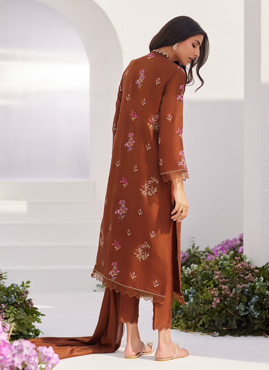 Farah Talib Aziz | Zaza Luxe Pret 24 | NOEMIE CHOCOLATE EMBROIDERED RAW SILK SHIRT AND DUPATTA - House Of Hania