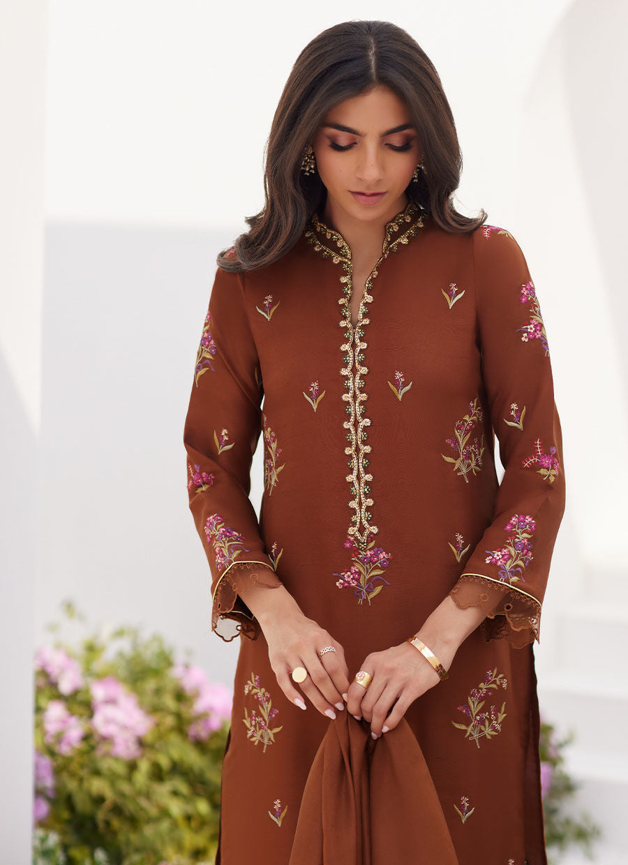 Farah Talib Aziz | Zaza Luxe Pret 24 | NOEMIE CHOCOLATE EMBROIDERED RAW SILK SHIRT AND DUPATTA - House Of Hania