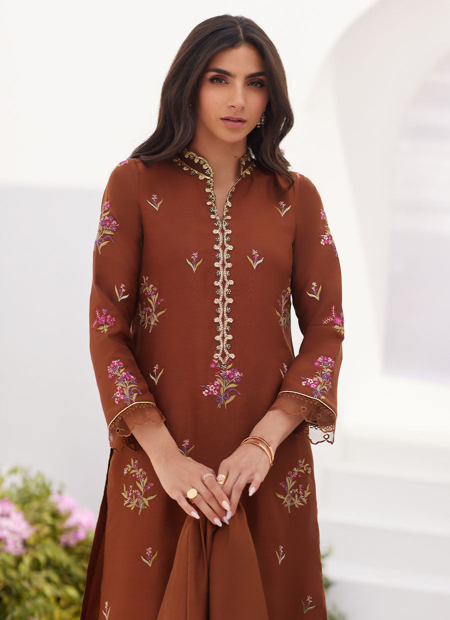 Farah Talib Aziz | Zaza Luxe Pret 24 | NOEMIE CHOCOLATE EMBROIDERED RAW SILK SHIRT AND DUPATTA - House Of Hania