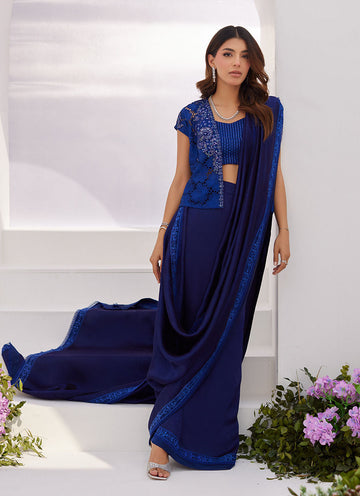 Farah Talib Aziz | Zaza Luxe Pret 24 | OCEAN NAVY DRAPED SAREE WITH CUTWORK EMBELLISHED CAPE - House Of Hania