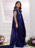 Farah Talib Aziz | Zaza Luxe Pret 24 | OCEAN NAVY DRAPED SAREE WITH CUTWORK EMBELLISHED CAPE - House Of Hania
