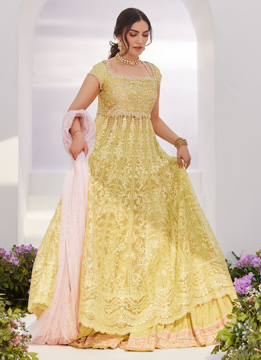 Farah Talib Aziz | Zaza Luxe Pret 24 | REINE KIWI EMBROIDERED EMBELLISHED KALIDAAR - House Of Hania