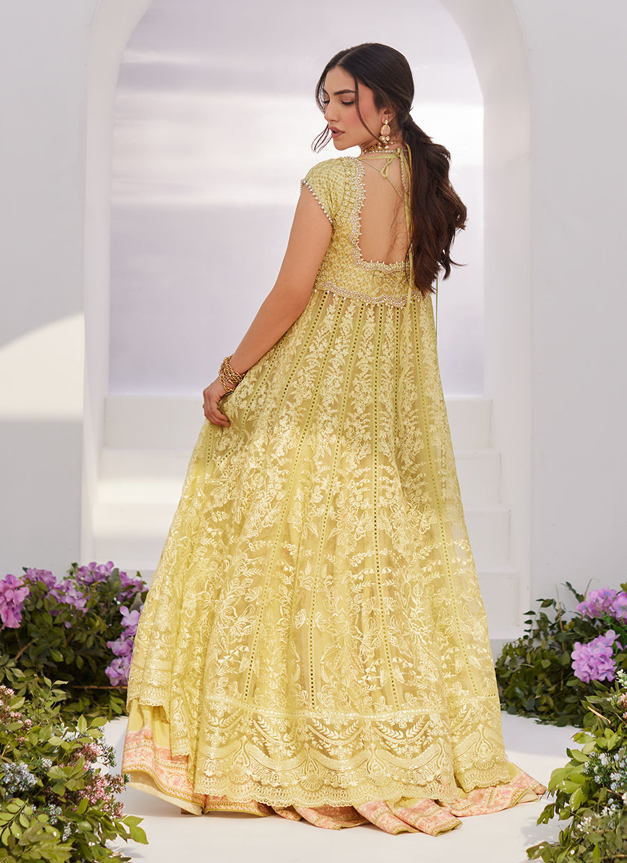 Farah Talib Aziz | Zaza Luxe Pret 24 | REINE KIWI EMBROIDERED EMBELLISHED KALIDAAR - House Of Hania