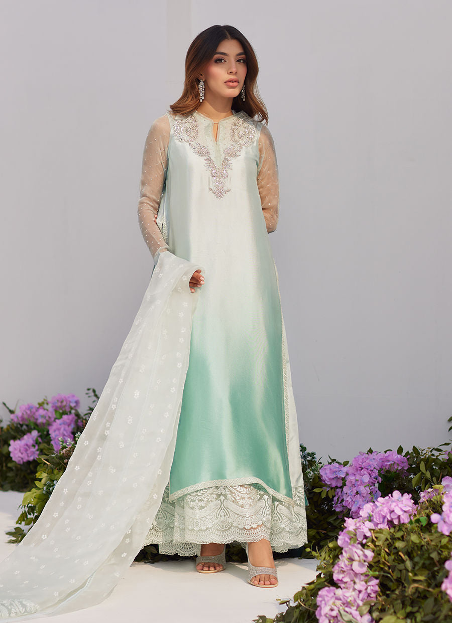 Farah Talib Aziz | Zaza Luxe Pret 24 | SOLENE AQUA OMBRE EMBELLISHED COLUMN SHIRT WITH EMBROIDERED KALIDAAR SLIP - House Of Hania