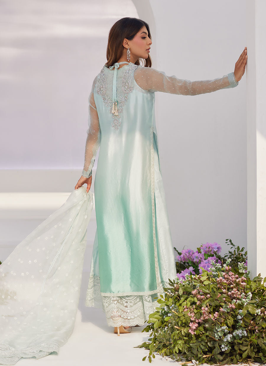 Farah Talib Aziz | Zaza Luxe Pret 24 | SOLENE AQUA OMBRE EMBELLISHED COLUMN SHIRT WITH EMBROIDERED KALIDAAR SLIP - House Of Hania