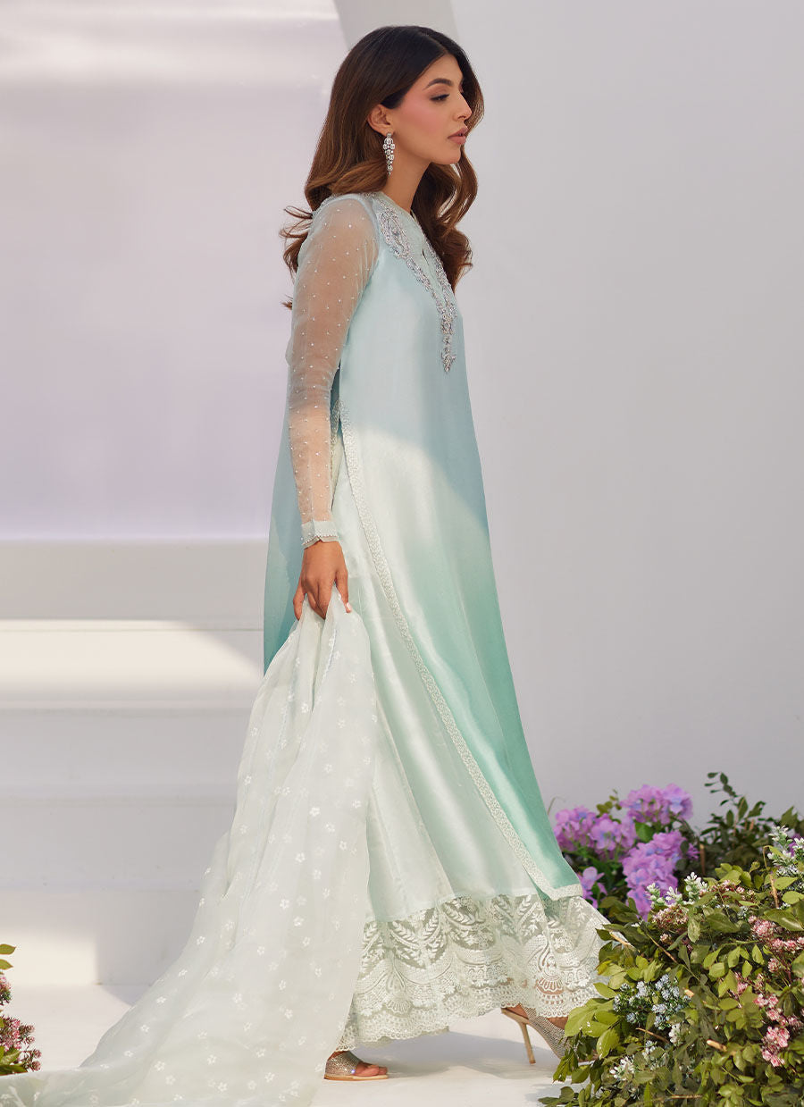Farah Talib Aziz | Zaza Luxe Pret 24 | SOLENE AQUA OMBRE EMBELLISHED COLUMN SHIRT WITH EMBROIDERED KALIDAAR SLIP - House Of Hania