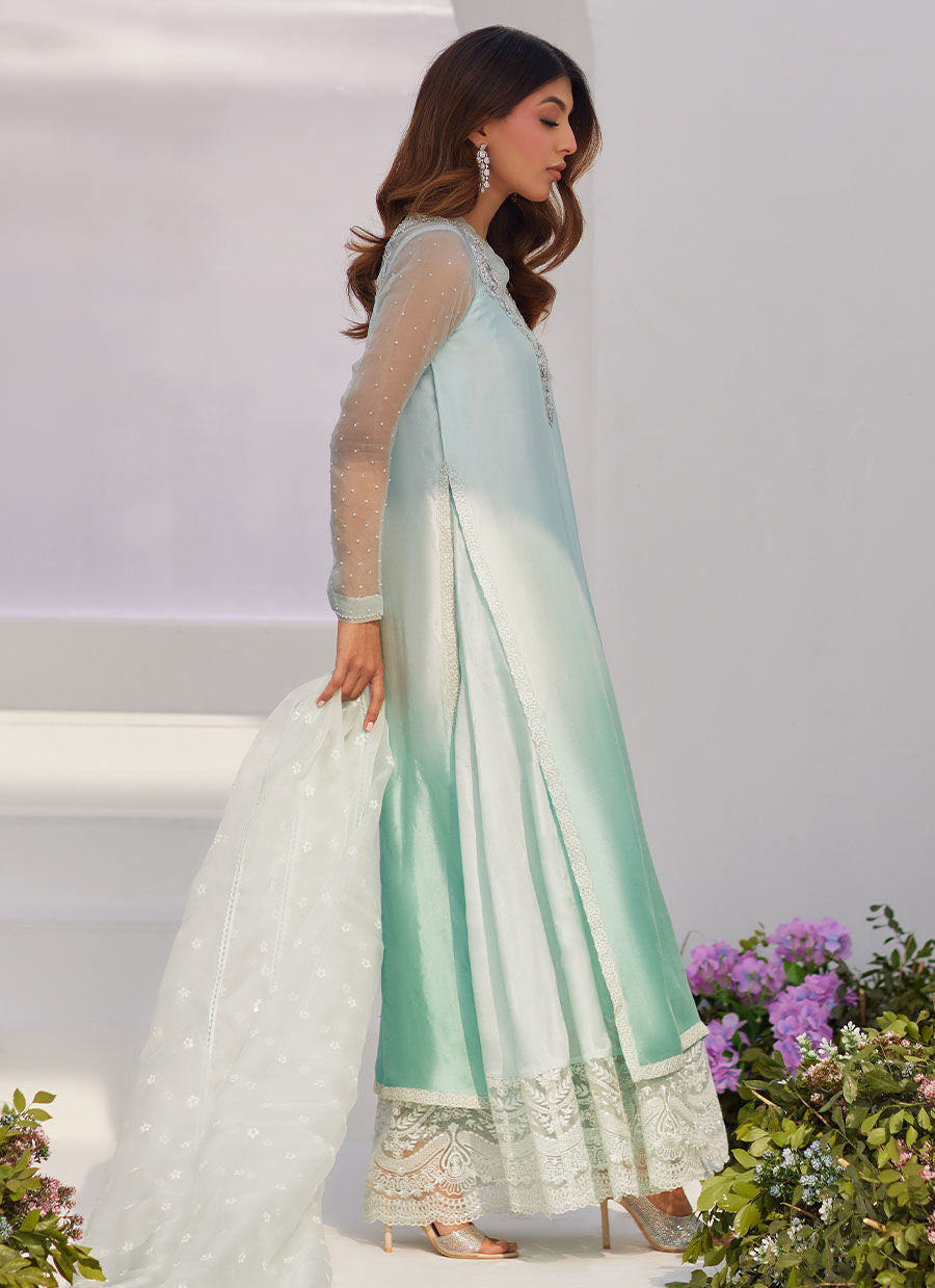 Farah Talib Aziz | Zaza Luxe Pret 24 | SOLENE AQUA OMBRE EMBELLISHED COLUMN SHIRT WITH EMBROIDERED KALIDAAR SLIP - House Of Hania