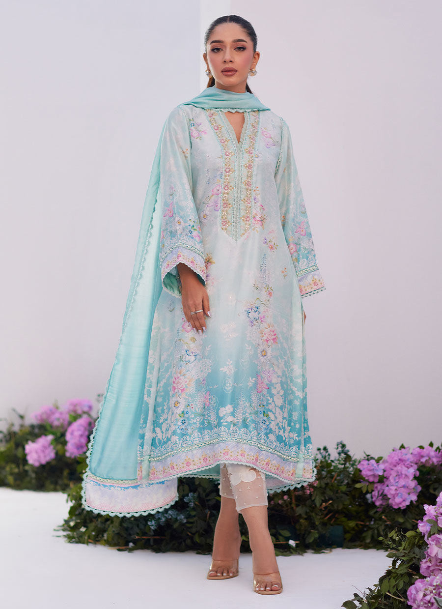 Farah Talib Aziz | Zaza Prints 24 | CYAN OMBRE SHIRT AND DUPATTA - House Of Hania