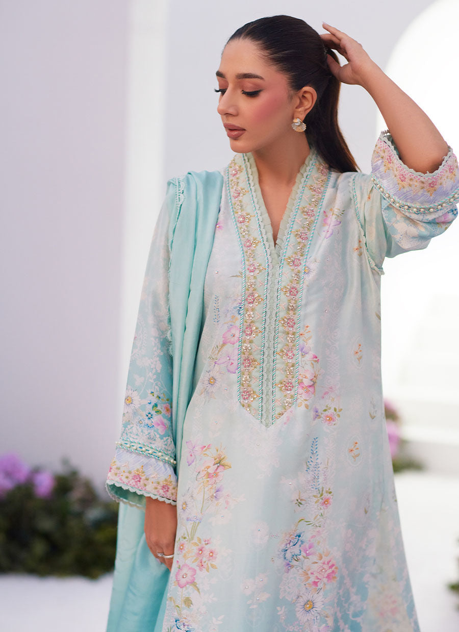 Farah Talib Aziz | Zaza Prints 24 | CYAN OMBRE SHIRT AND DUPATTA - House Of Hania
