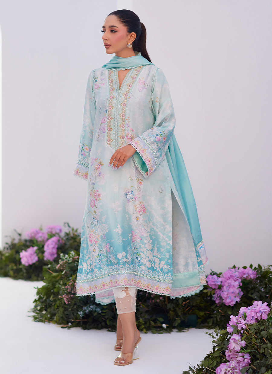 Farah Talib Aziz | Zaza Prints 24 | CYAN OMBRE SHIRT AND DUPATTA - House Of Hania