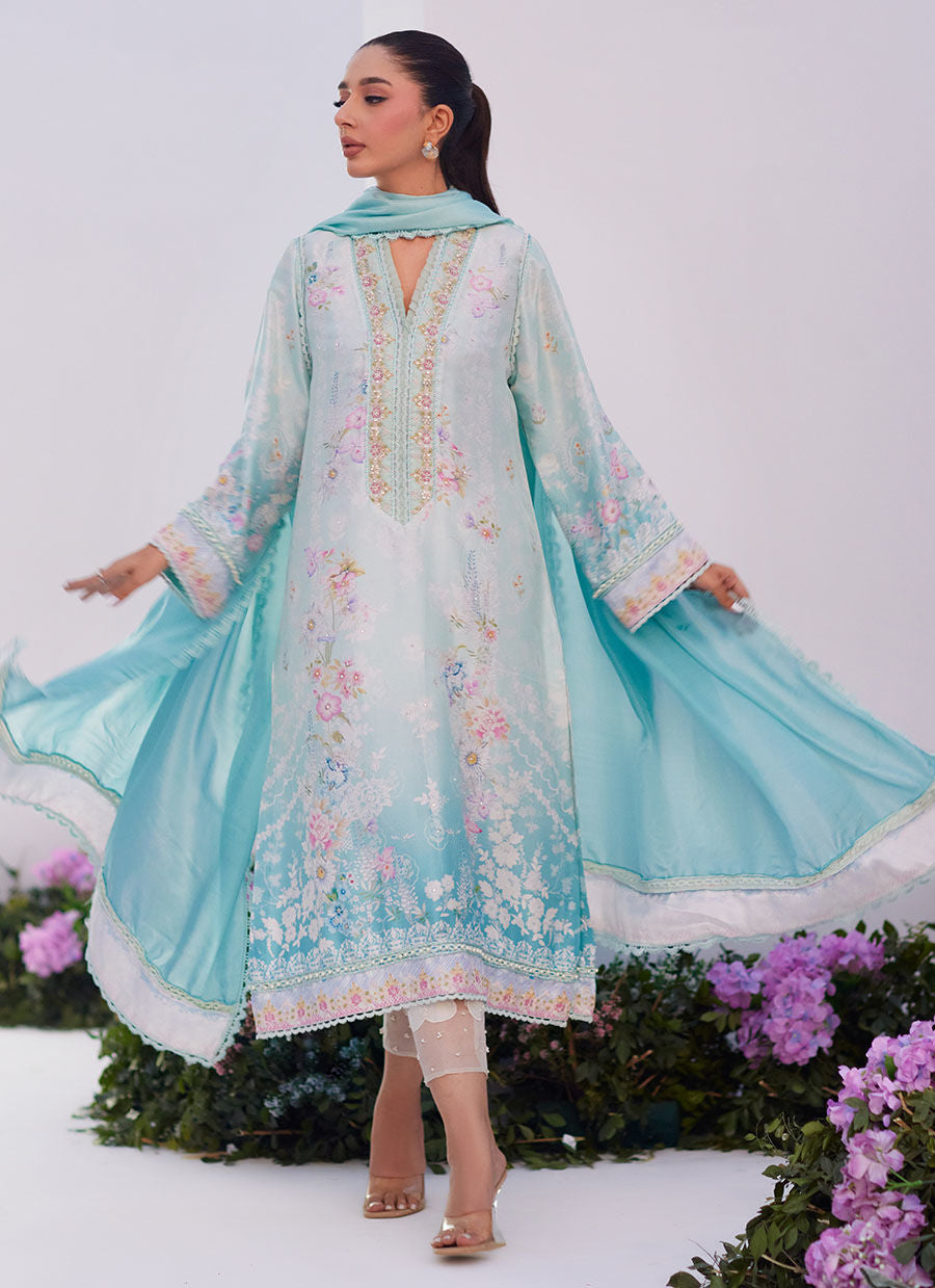 Farah Talib Aziz | Zaza Prints 24 | CYAN OMBRE SHIRT AND DUPATTA - House Of Hania