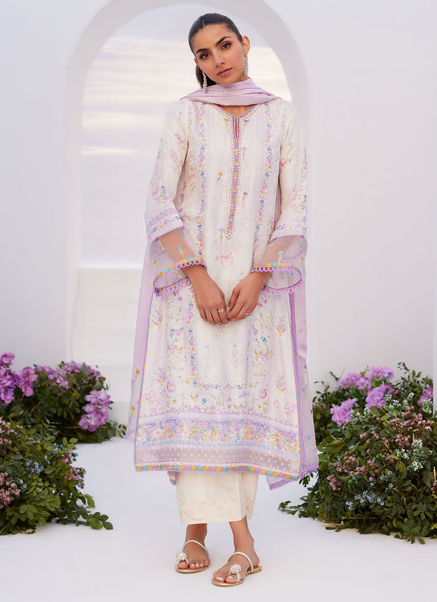 Farah Talib Aziz | Zaza Prints 24 | THISTLE LILAC SHIRT AND DUPATTA - House Of Hania